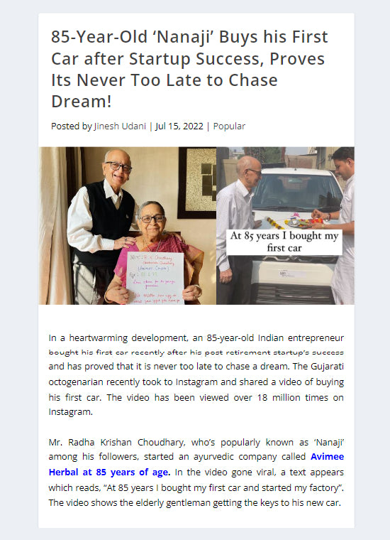 85-Year-Old ‘Nanaji’ Buys his First Car after Startup Success
