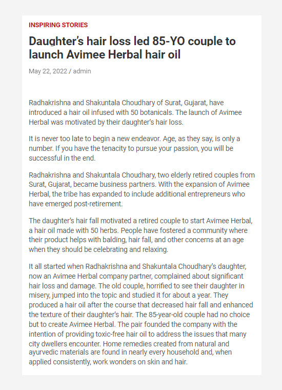 Daughter's Hair loss led 85-YO couple to launch Avimee Herbal Hair Oil