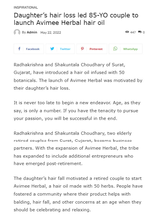 Daughter's hair loss led 85-YO couple to launch Avimee Herbal Hair Oil