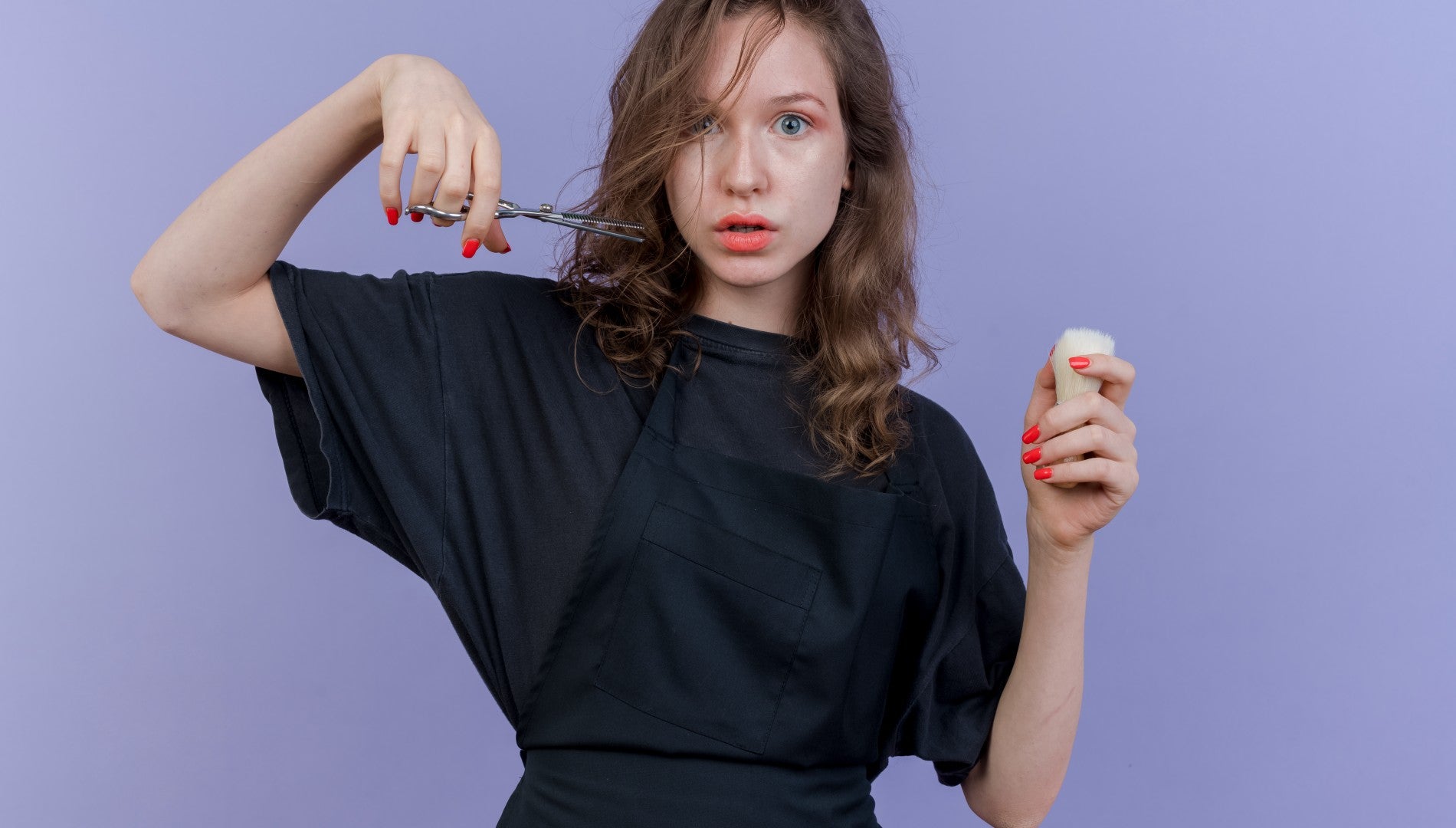 Girl standing with scissor cutting Dry and Frizzy hair